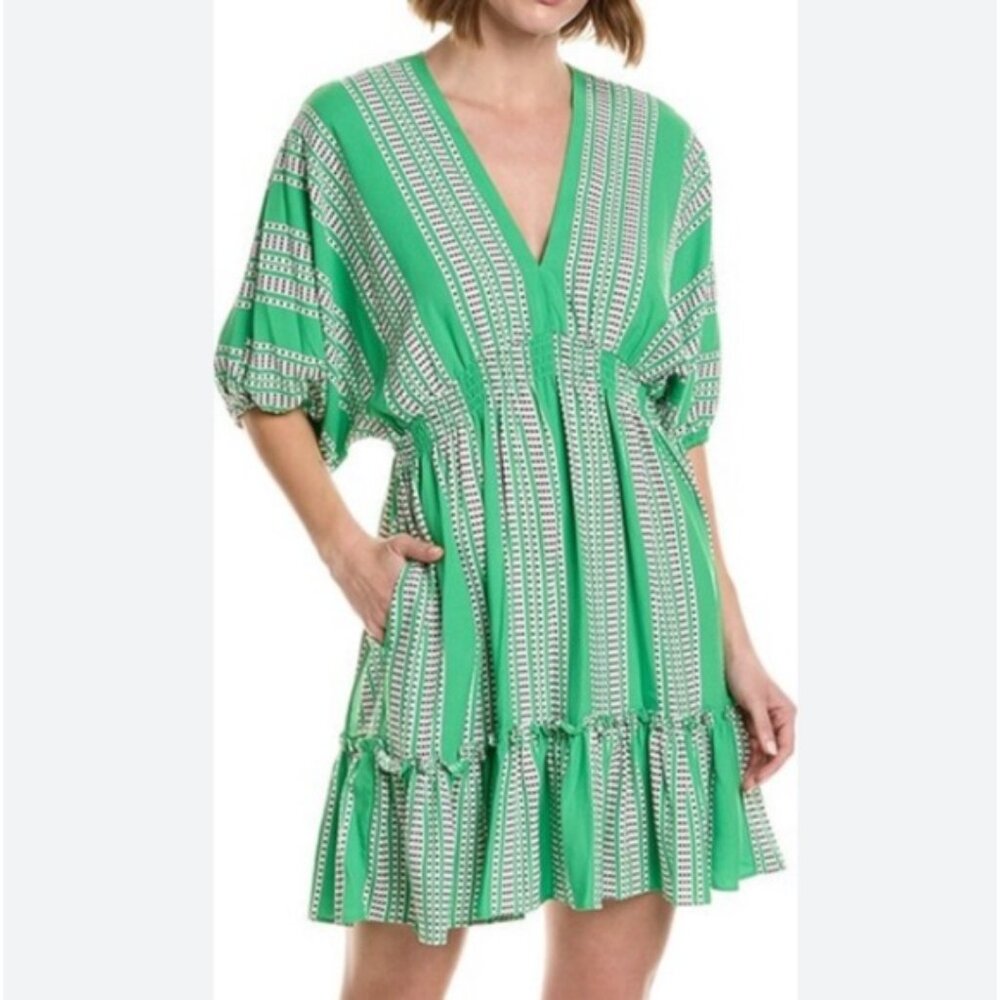 Taylor Elbow Sleeve V-Neck Smocked Waist Stripe Print Fit and Flare Dress Green